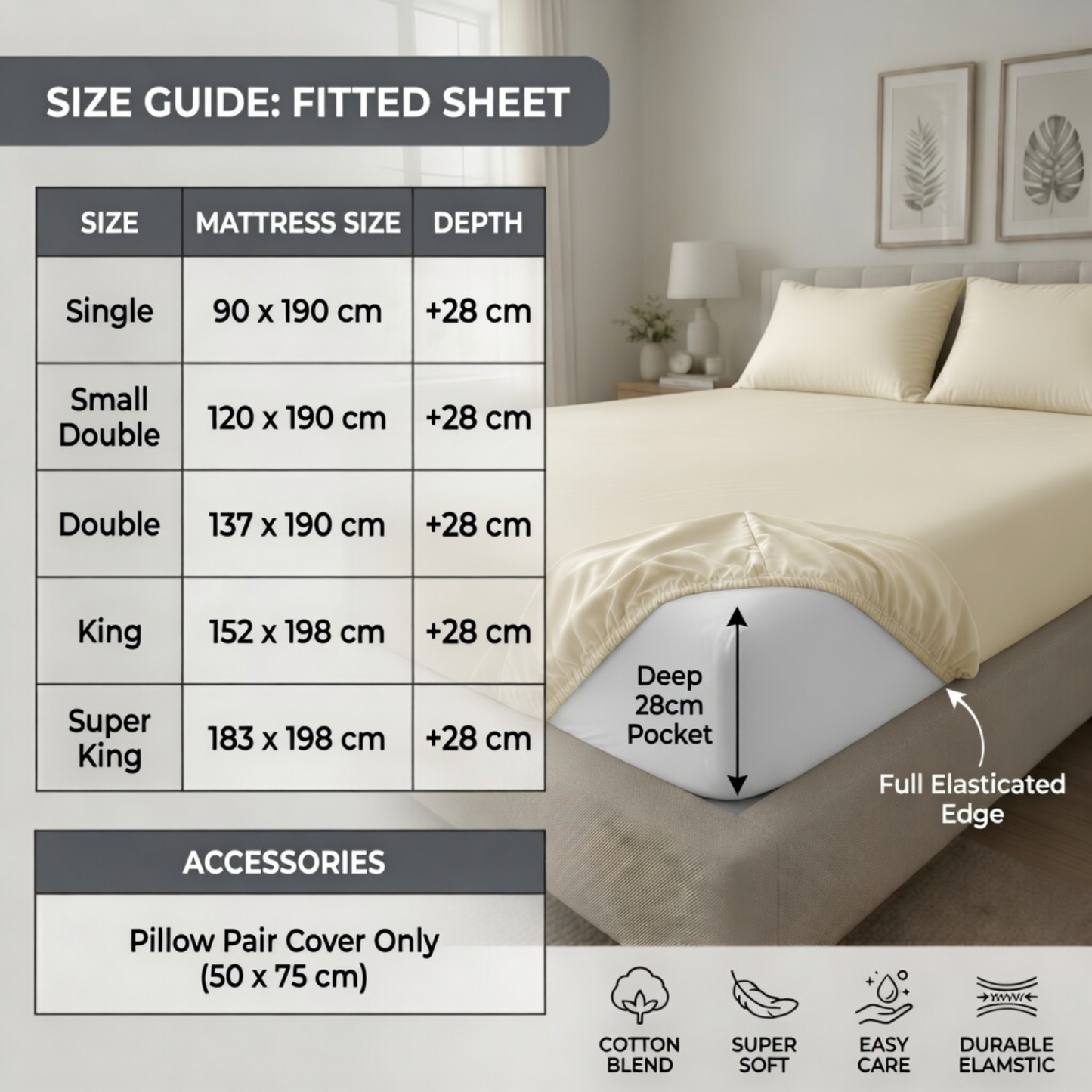 Luxury Fitted Sheet 11" Deep Pocket (28 cm) | Soft, Breathable, Wrinkle-Free Bedding for All Mattresses