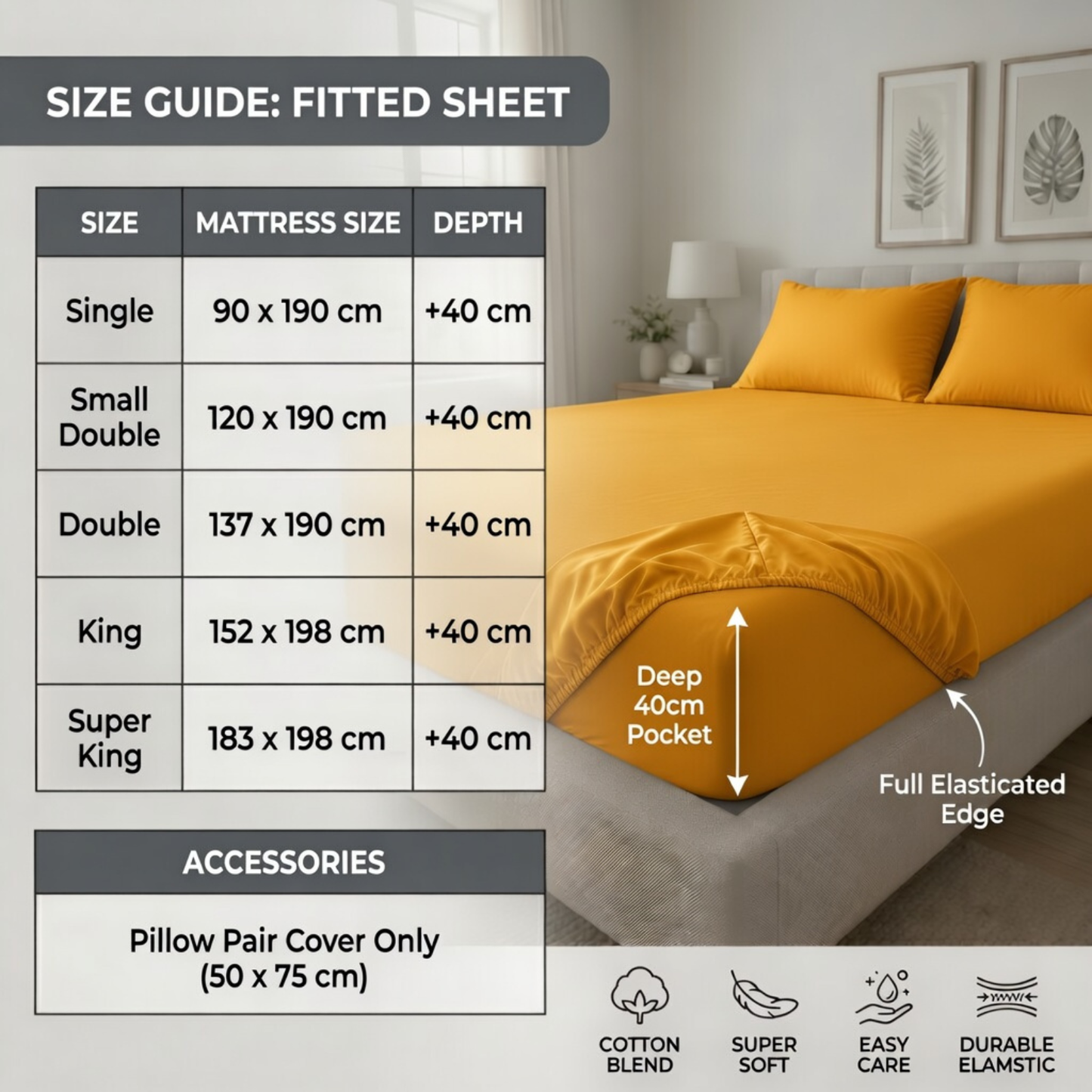 Extra Deep Fitted Sheet 40cm | Ultra Soft, Wrinkle-Free, Perfect Fit for Thick Mattress (UK Size)