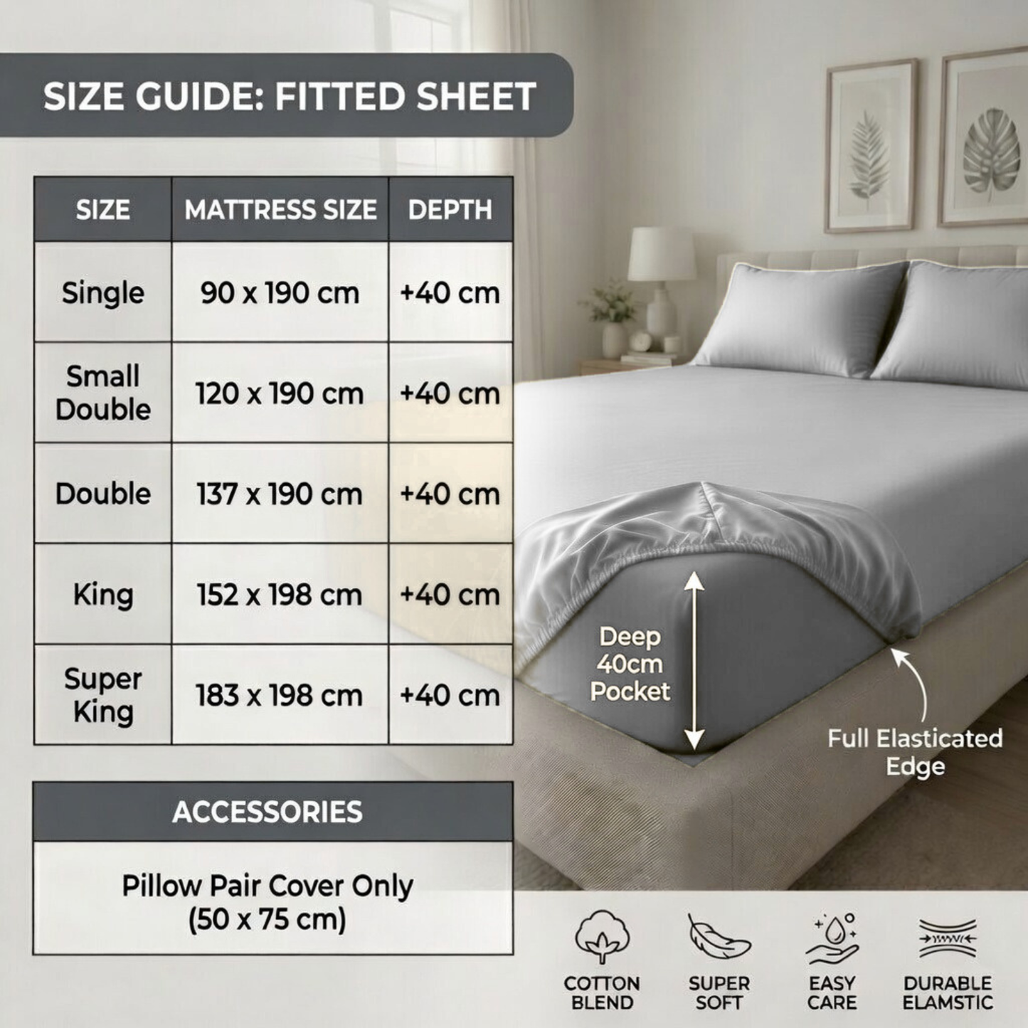 Extra Deep Fitted Sheet 40cm | Ultra Soft, Wrinkle-Free, Perfect Fit for Thick Mattress (UK Size)