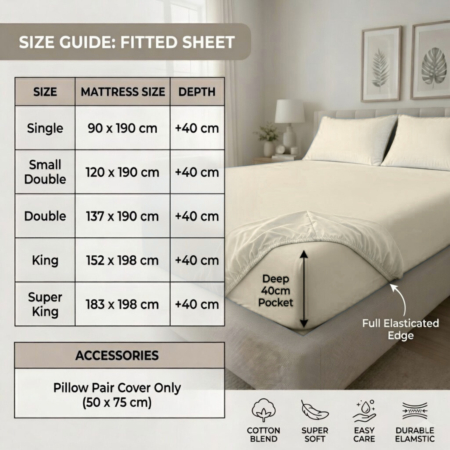 Extra Deep Fitted Sheet 40cm | Ultra Soft, Wrinkle-Free, Perfect Fit for Thick Mattress (UK Size)