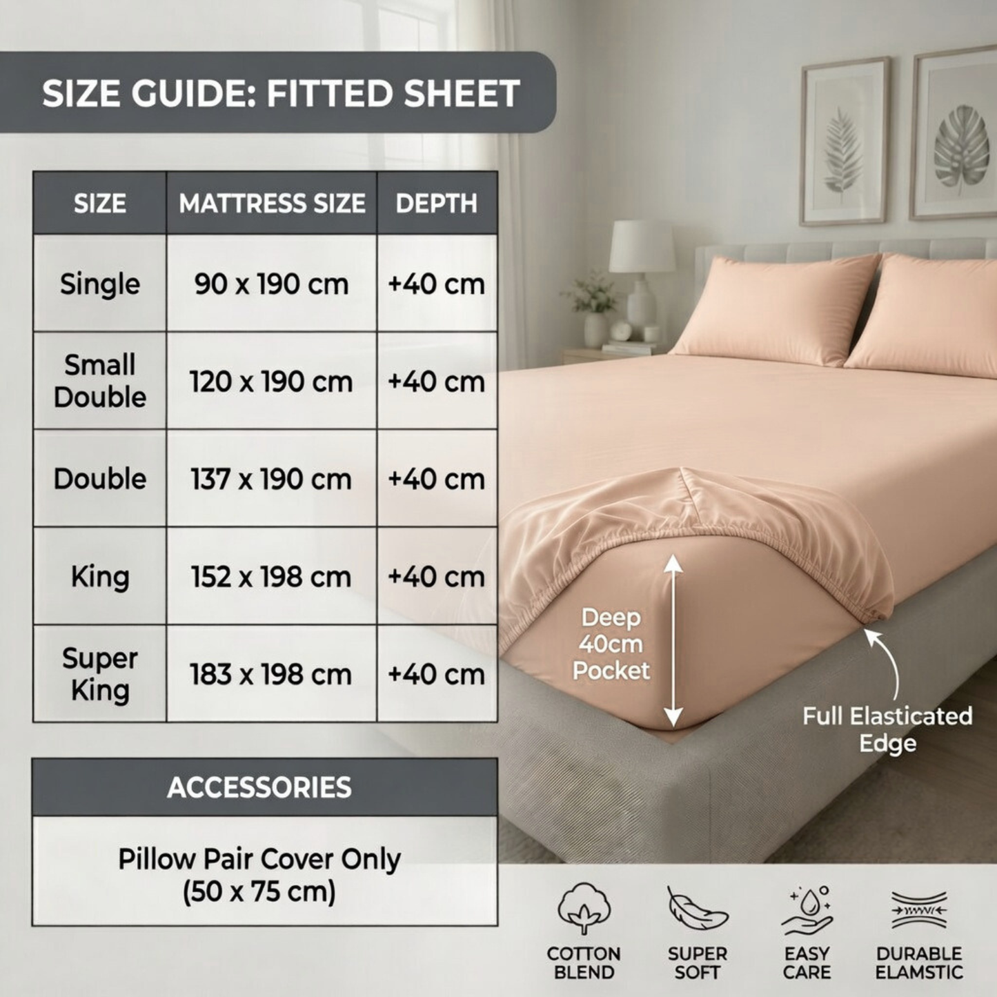 Extra Deep Fitted Sheet 40cm | Ultra Soft, Wrinkle-Free, Perfect Fit for Thick Mattress (UK Size)