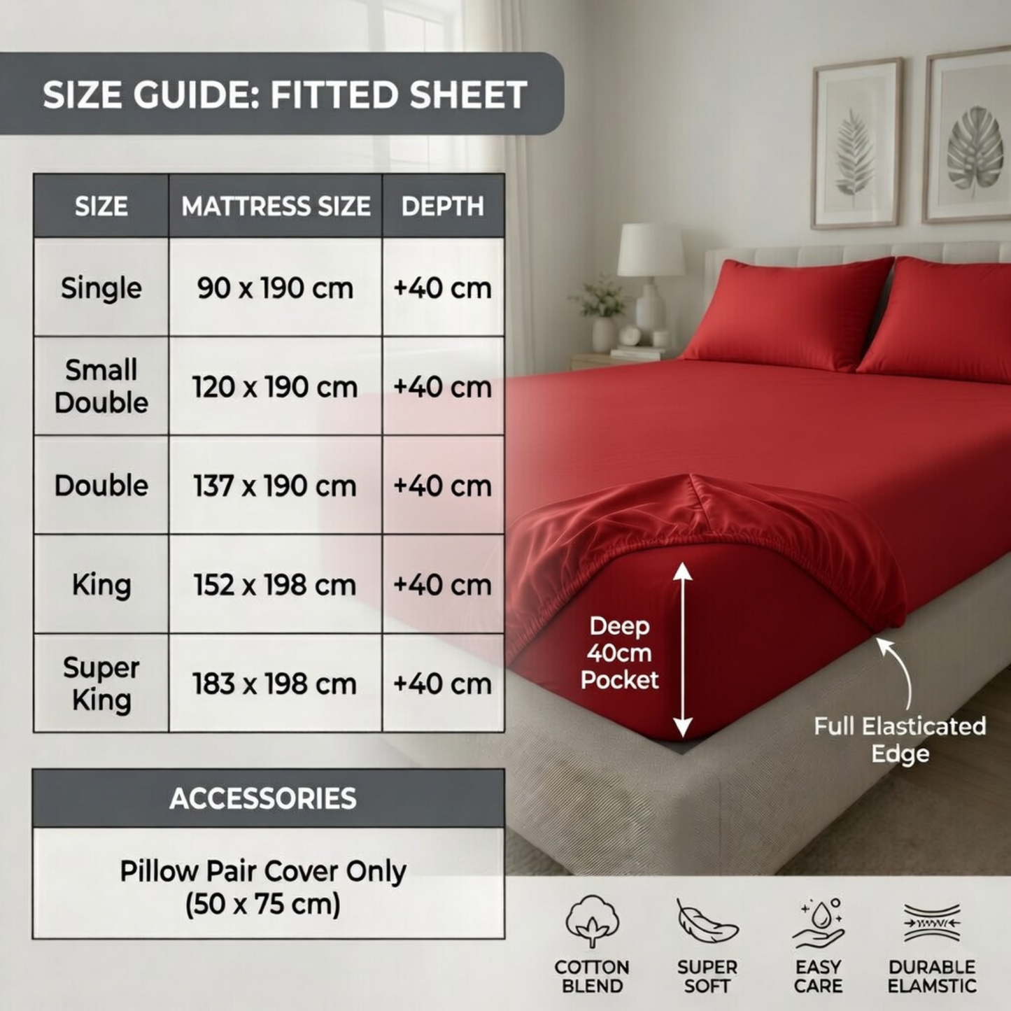 Extra Deep Fitted Sheet 40cm | Ultra Soft, Wrinkle-Free, Perfect Fit for Thick Mattress (UK Size)