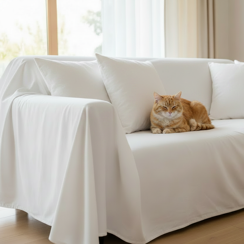 White cushions matching flat sheet on sofa with cat